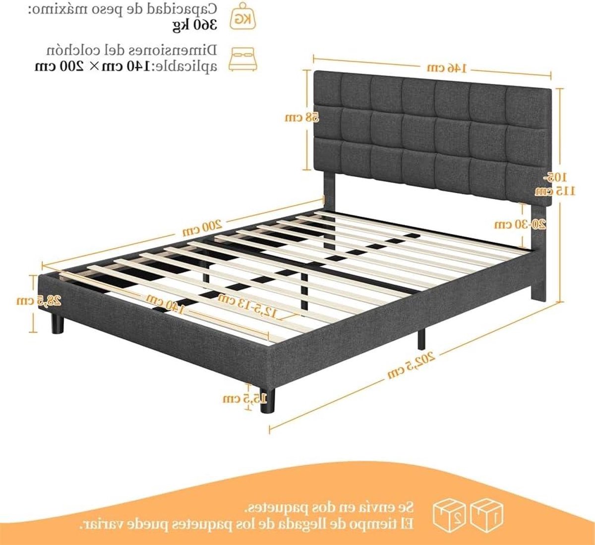 Bedframe met Hoofdeinde - Gestoffeerd Bed - Comfortabel Slapen - In Hoogte Verstelbaar - 140 x 200 cm - Donkergrijs