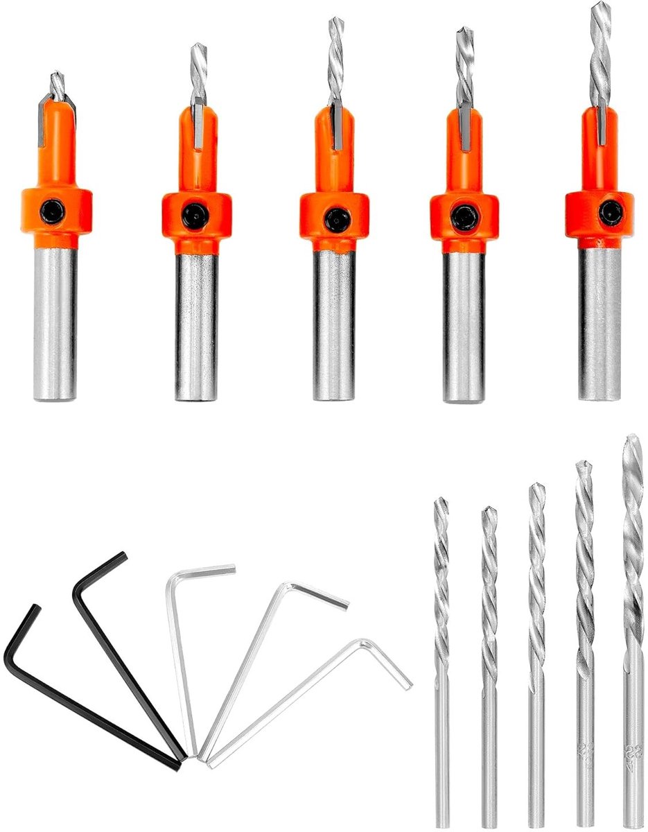 5-delige countersink boorset met verwisselbare boren en 8 mm zeskantsleutels voor precisiewerk
