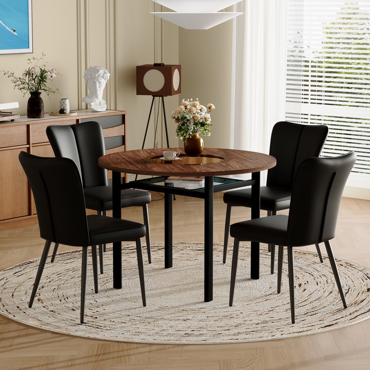 Moderne minimalistische ronde eettafelset (met 4 zwarte PU-stoelen), ronde tafel met een diameter van 100 cm in houtlook, geschikt voor eetkamer en keuken.