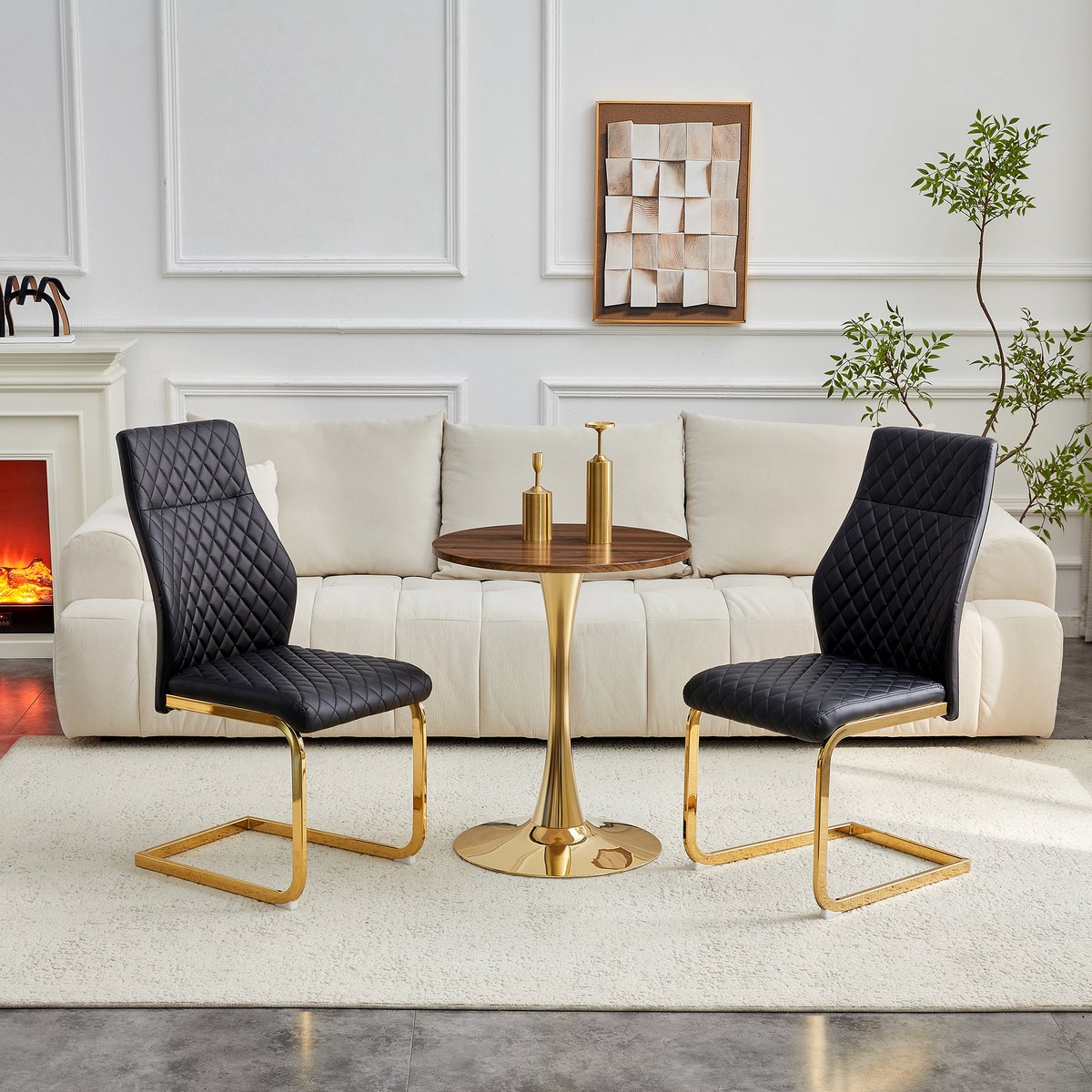 Tafel- en stoelenset. Ronde tafel van 60 cm, gemaakt van MDF met een walnoothouten look en