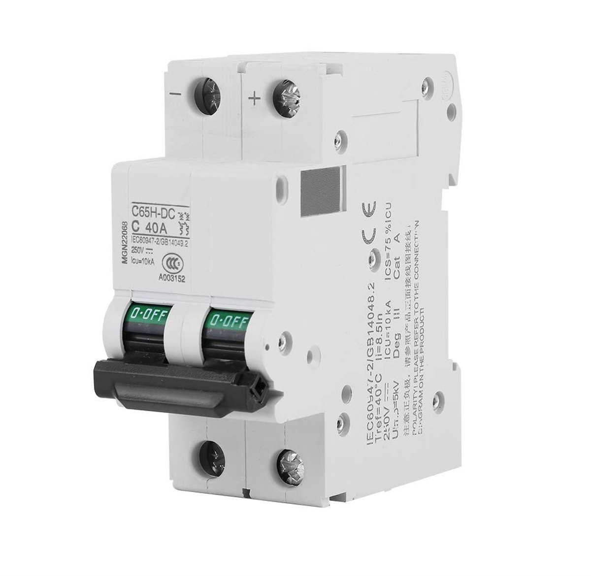 Dailygoody - 2-Polig DC Miniatuur Stroomonderbreker - Laagspanning - Snelle respons - 250V 40A - Geschikt voor Zonnepanelen - DIN-Rail Montage