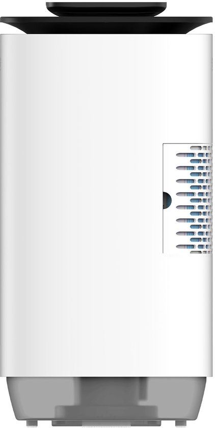 Zijaanzicht van een witte luchtreiniger met een detail van het luchtfilter.