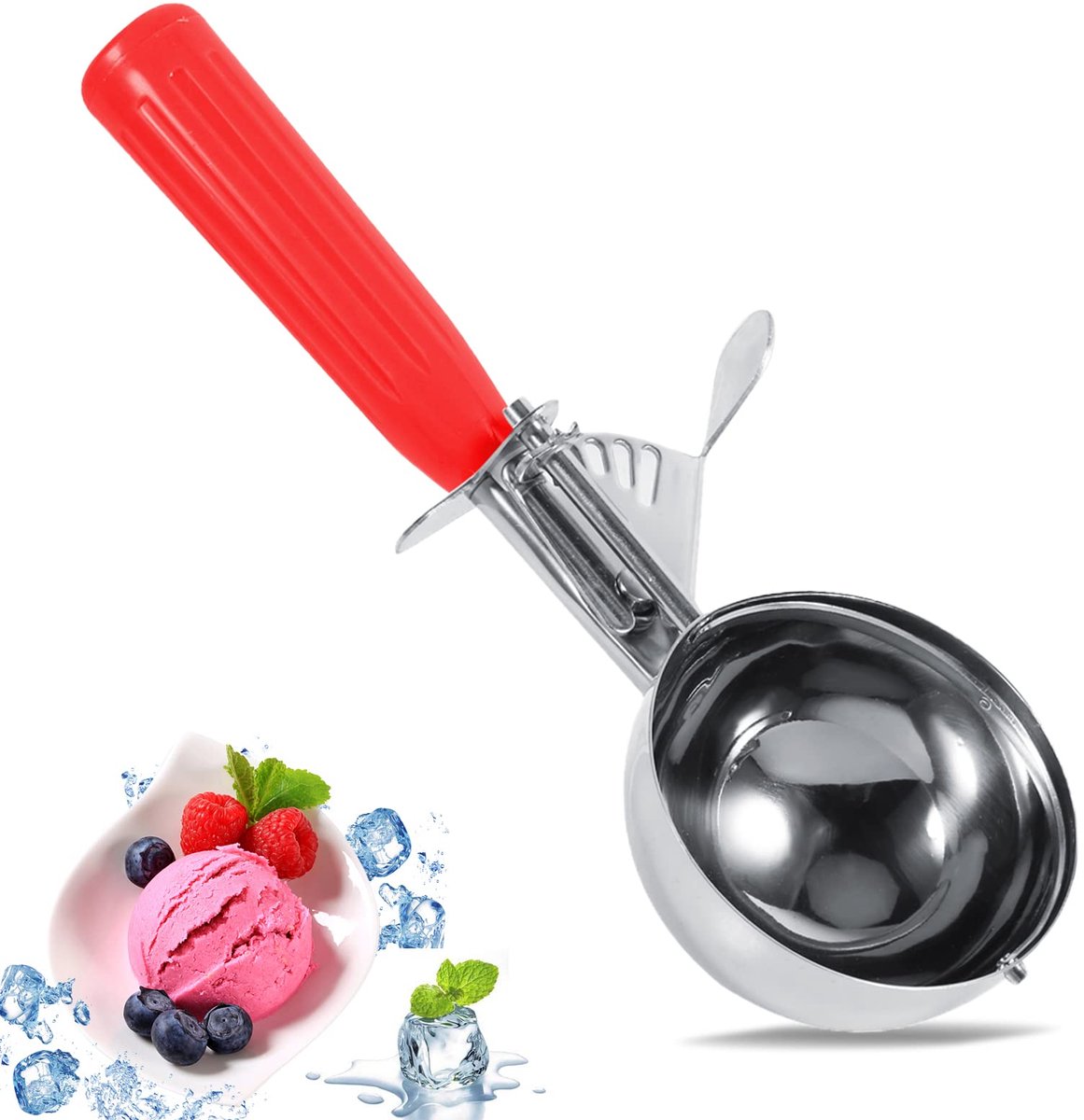 carmdering - IJslepel - Roestvrijstalen IJslepel - Uitwerphendel - 52 mm, met antislip handvat - Voor ijs, fruit en aardappelpuree - Voedselveilig, antibacterieel - Lichtgewicht en draagbaar - Perfect voor thuis en commercieel gebruik
