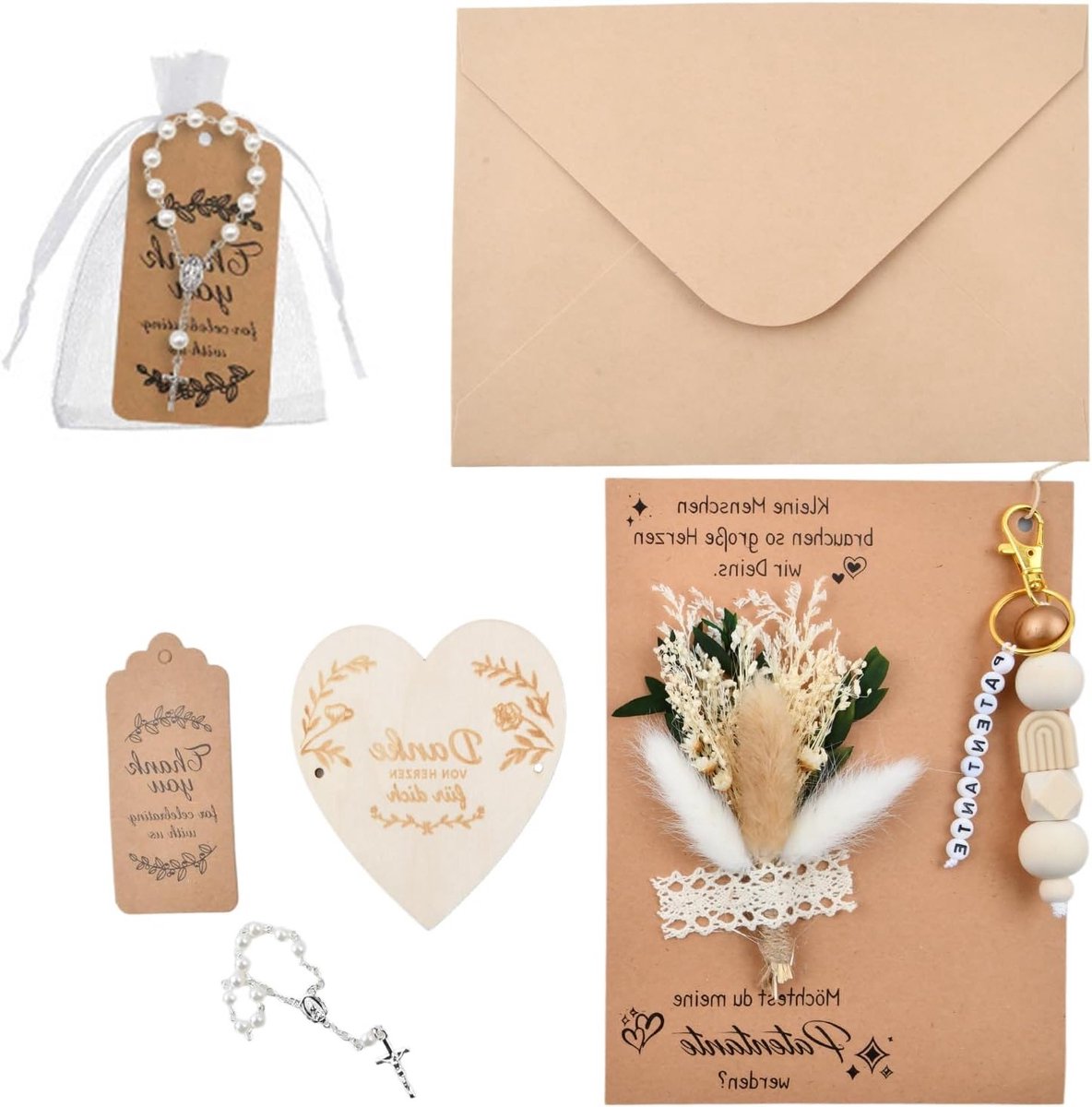 Unieke kaart voor peetmoeder met houten kralen sleutelhanger, gedroogde bloemen en kruis, handgemaakt en perfect als doopcadeau