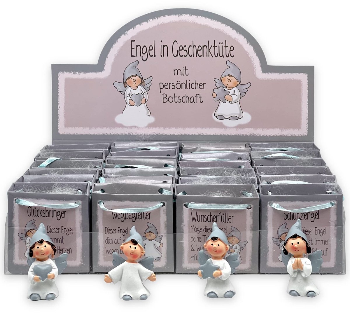Dailygoody - Beschermengel in zakje - Geluksbrengers - 24-delige display - Wit-grijs - Handbeschilderde engeltjes - Spiritueel symbool - Geschikt voor...