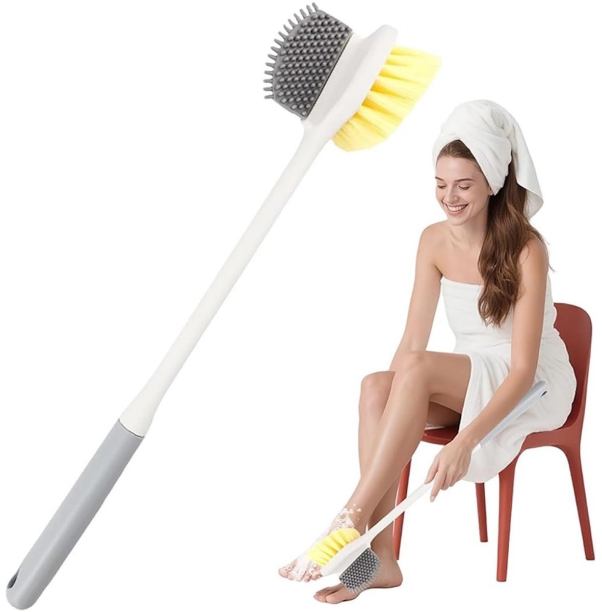 Lange Handgreep Rug- en Voetscrubber – 2-in-1 Dubbelzijdige Badborstel met Zachte Borstels & Siliconen Teenreiniger – Voor Douche en Lichaamsverzorging