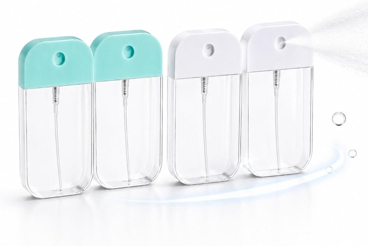 Esthetische mini spuitflessen 50 ml, 4 stuks, herbruikbaar voor parfum en cosmetica, ideaal voor reizen en handtas, parfumverstuiver in wit en turquoise