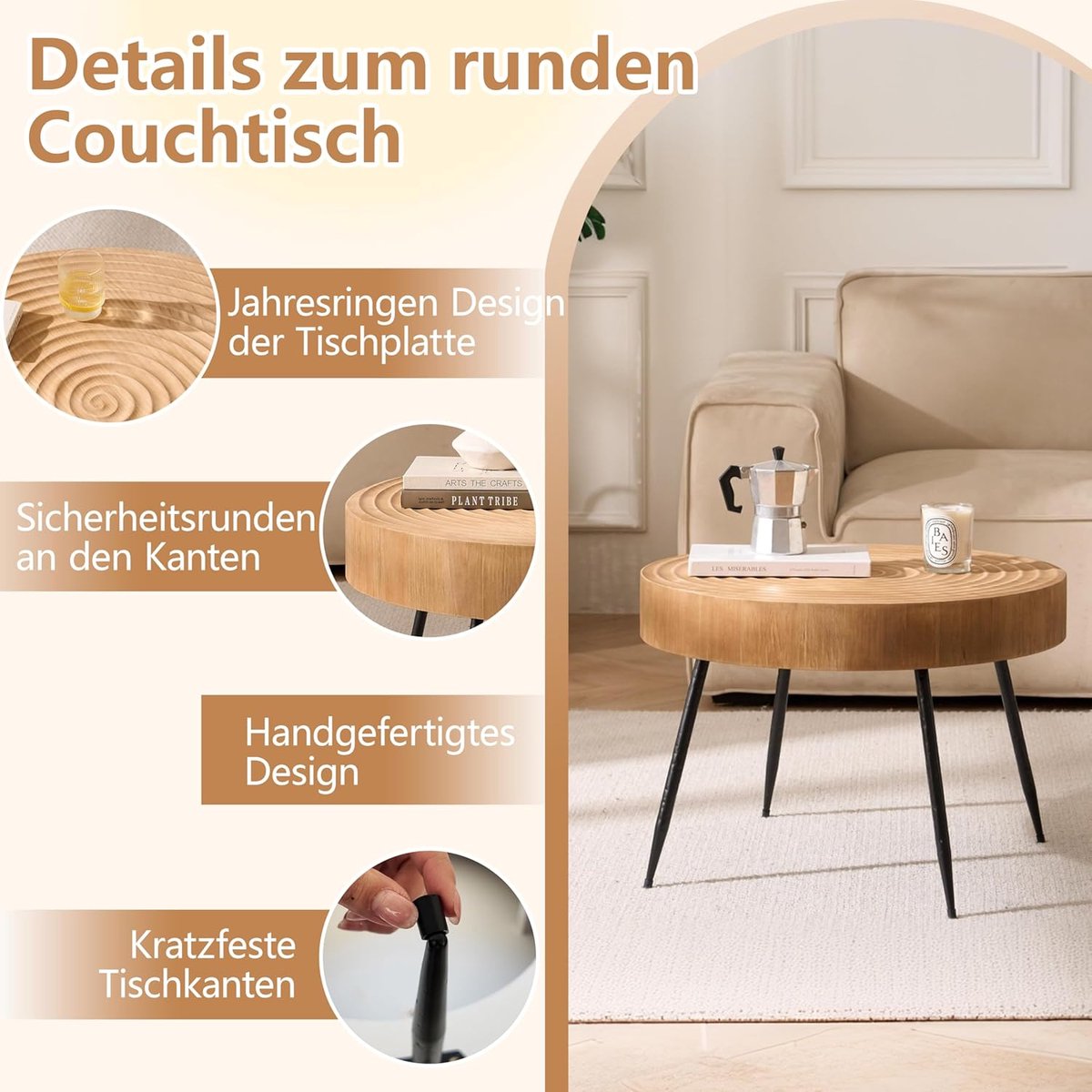 Bijzettafel Rond Hout - House&Garden Luxe Ronde Salontafel met Zwarte Metalen Poten - Moderne Houten Woonkamertafel met Jaarwiel Design - Lichtbruin - Ø60x42 cm