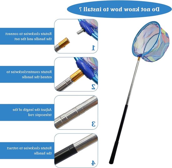 Dailygoods - CONNECTION Telescopisch schepnet voor kinderen, 41-150 cm, vlindernet met telescoopstang, kindervisnet, kinderschepnet, geschikt voor insecten, vissen, vissen, outdoor, strand, vijver, tuin, zwembad van Dailygoods — afbeelding 2