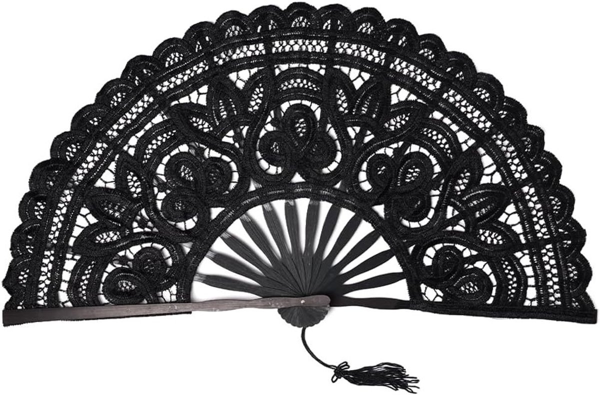 Elegante Vintage Kant Handfan met Zwarte Tassel - Ideaal voor Halloween, Bruiloften en Theepartijen