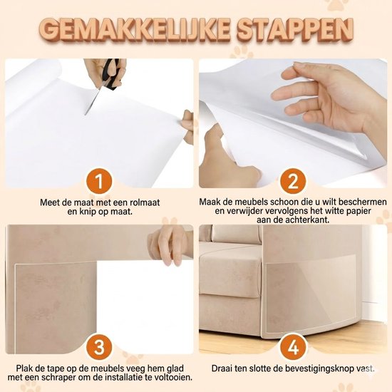 Installatiehandleiding: 1. Meet en knip op maat. 2. Maak meubels schoon, verwijder papier. 3. Plak tape, veeg glad. 4. Draai knop vast.