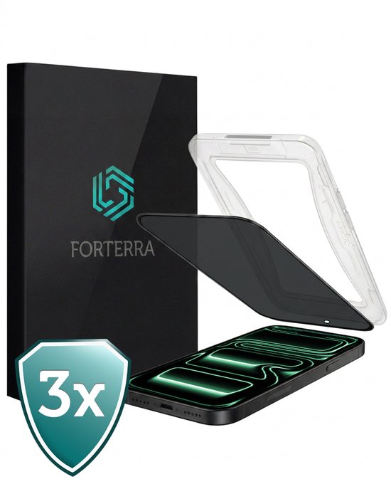 Emballage Forterra avec 3 protecteurs d'écran de confidentialité, cadre d'installation et iPhone.