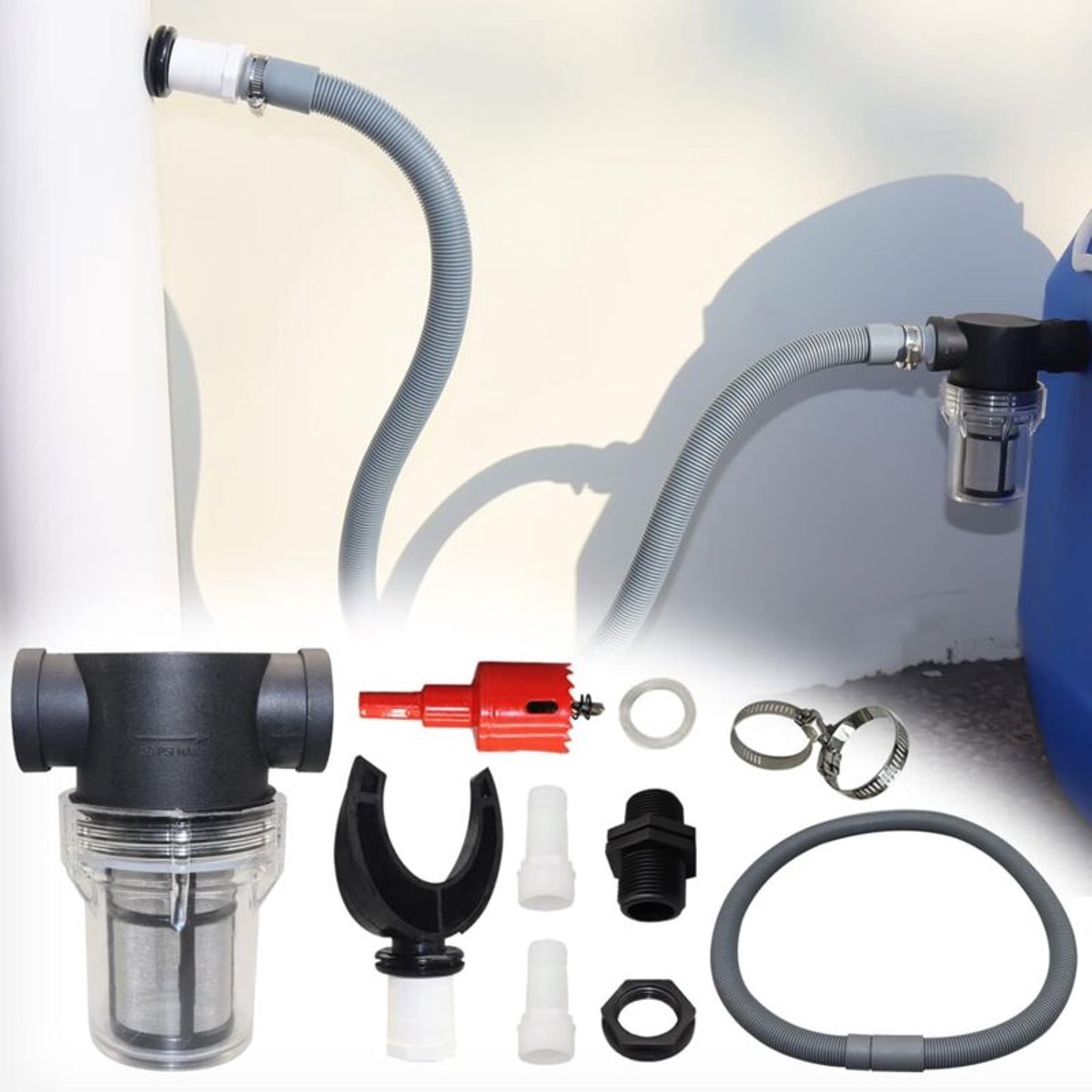 Regenwateropvangsysteem geschikt geschikt voor ronde buizen, met slang, regenwateropvangset, PVC-fittingen, geschikt geschikt voor regenpijpen (set B-110 mm).