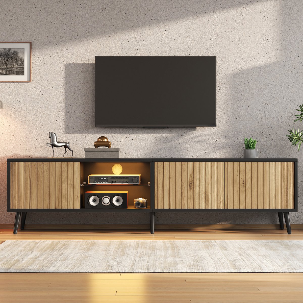 REDOM Tv-Meubel Met Ledverlichting En 3 Deuren - Modern - Voor Woonkamer - Spaanplaat - Naturel En Zwart - 175 x 31 x 43,5 cm Natuurlijk hout