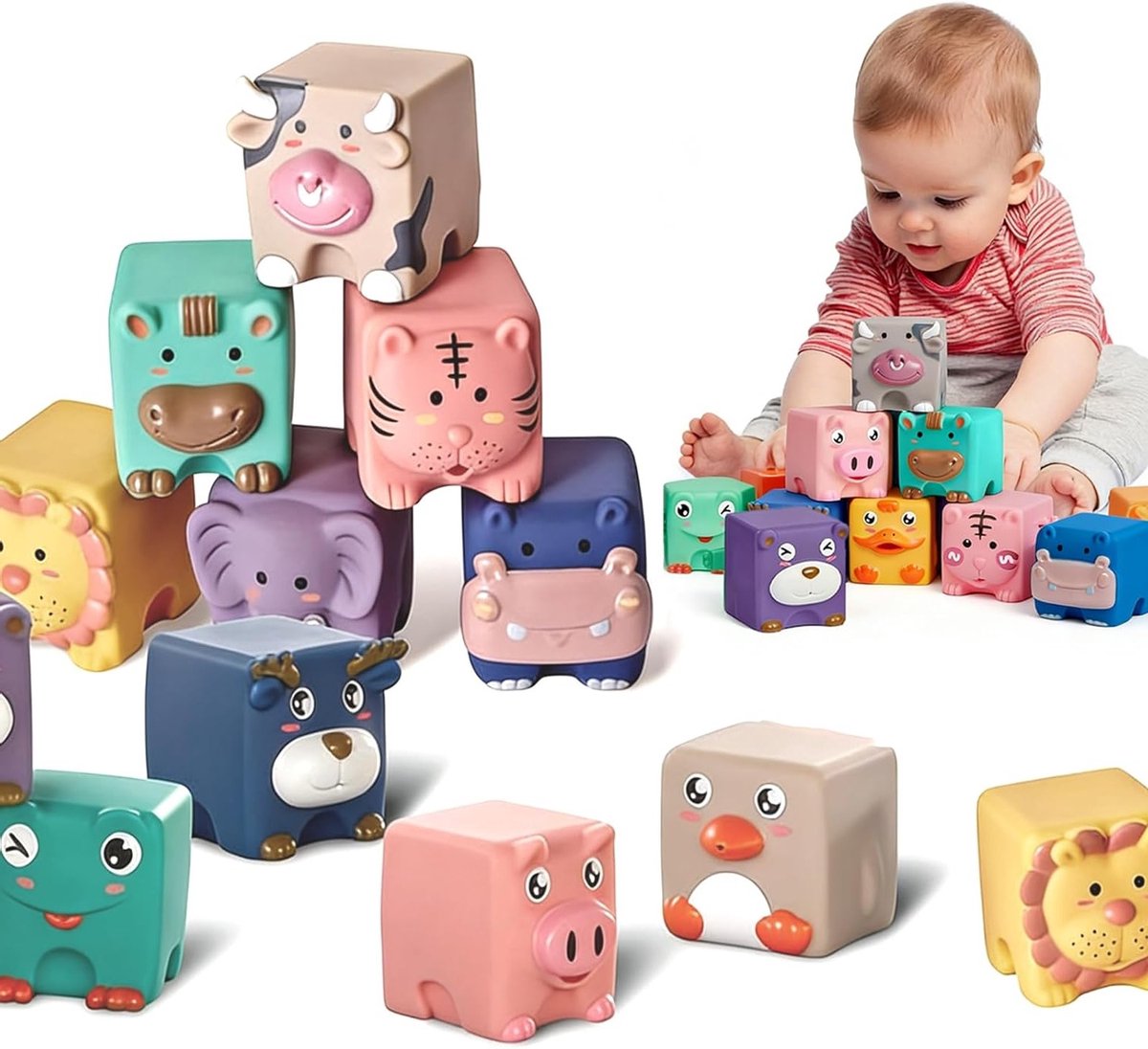 Set van 12 Stapelbare Dieren Dobbelstenen, Zachte Bouwblokken voor Baby's, Montessori Speelgoed, Creatief Spel voor Kinderen vanaf 6 Maanden