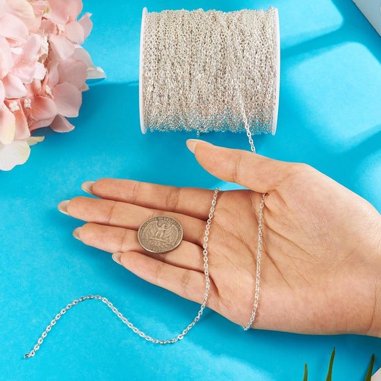 328 Feet Zilveren Platte Ovalen Link Kabel Ketting met Spool voor Sieraden Maken, 3x2x0.6mm, Ideaal voor DIY Projecten en Creatieve Accessoires van Merkloos — afbeelding 2