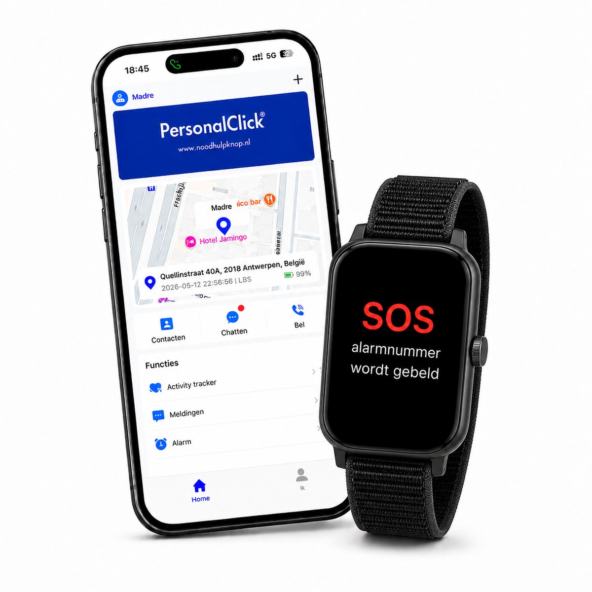 Personalclick pc45 alarm horloge ouderen, valdetectie & waterdicht & sos knop & extra smal en lange accuduur, alarmknop voor ouderen , klittenband