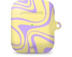 xoxo Wildhearts hoesje geschikt voor Airpods 1/2 - Sunny Side Up - Ook als telefoonhoesje verkrijgbaar - schokbestendige case geschikt voor Airpod 1 en 2 - koptelefoon case - Beschermhoes met golvende print - golven - geel / paars