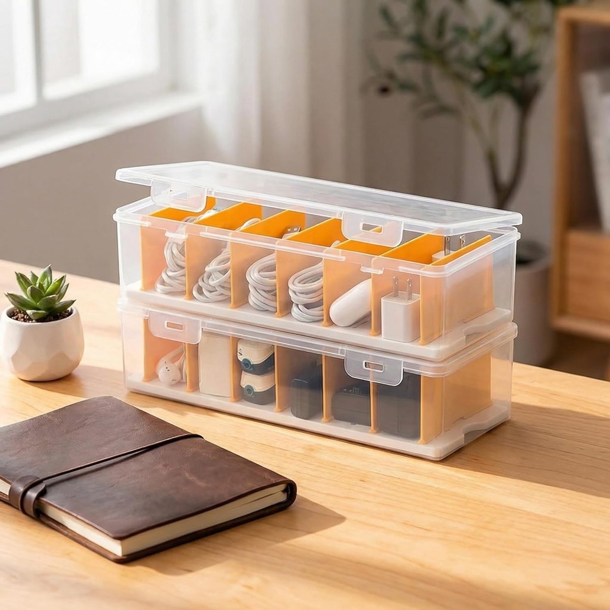 Kabelopbergdozen met deksel voor kabelmanagement - 2 stuks transparante organizer met 7 vakken en 20 kabelbinders voor bureau en thuisgebruik