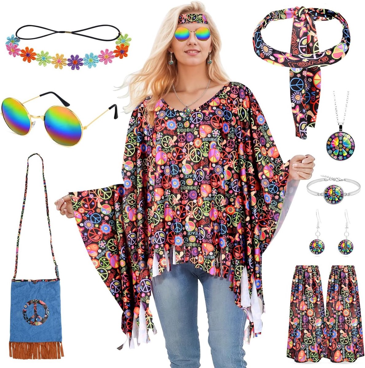 Vrouwelijk 9-delig Kostuum met Hippie Cape, Haarband, Bloemen, Schoudertas en Zonnebril voor 70s Themafeest en Carnaval