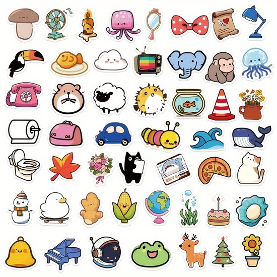 Collection de quarante-cinq autocollants de dessins animés mignons avec des animaux, de la nourriture, des objets et la nature.