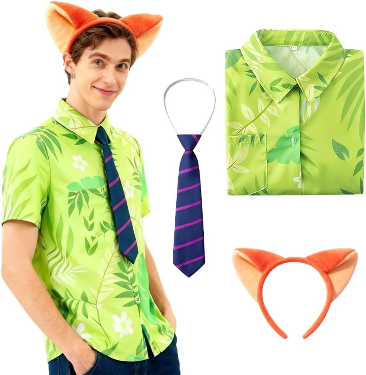 Carnaval Kostuum Set met Groene T-Shirt, Paarse Stropdas en Hoofdband voor Halloween en Cosplay Feesten