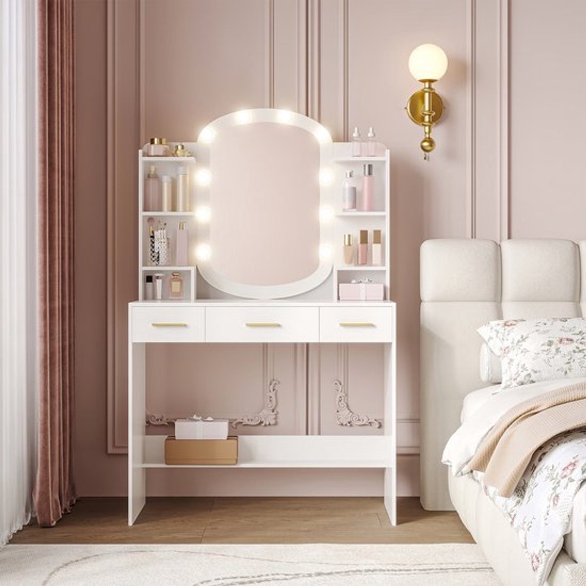 Kaptafel – Make-up Tafel – Dressoir – Toiletmeubel – Slaapkamermeubel – Wit – Ovale Spiege