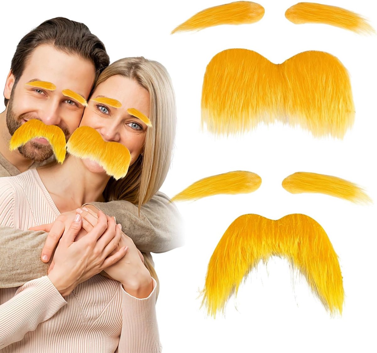 2 Stuks Zelfklevende Nepbaard en Wenkbrauwen in Oranje | Grappige Verkleedaccessoires voor Oude Mannen | Halloween en Kerst Cosplay Feestdecoratie