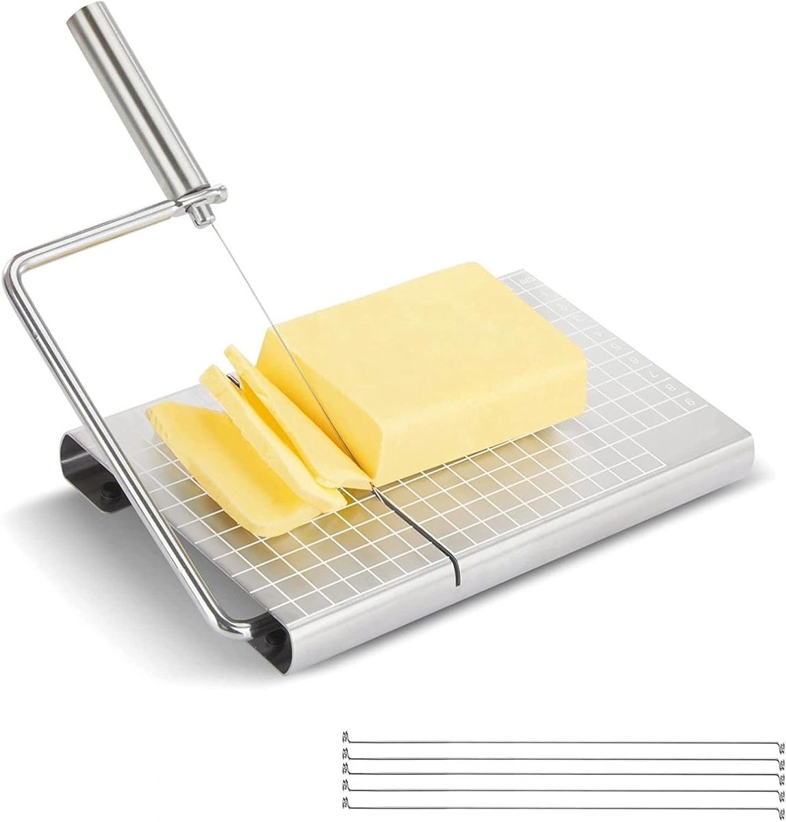 Verstelbare kaas snijder met draad, kaas slicer met opbergrek en meetrooster, roestvrij staal, vaatwasserbestendig, ideaal voor blokkaas en nauwkeurige sneden