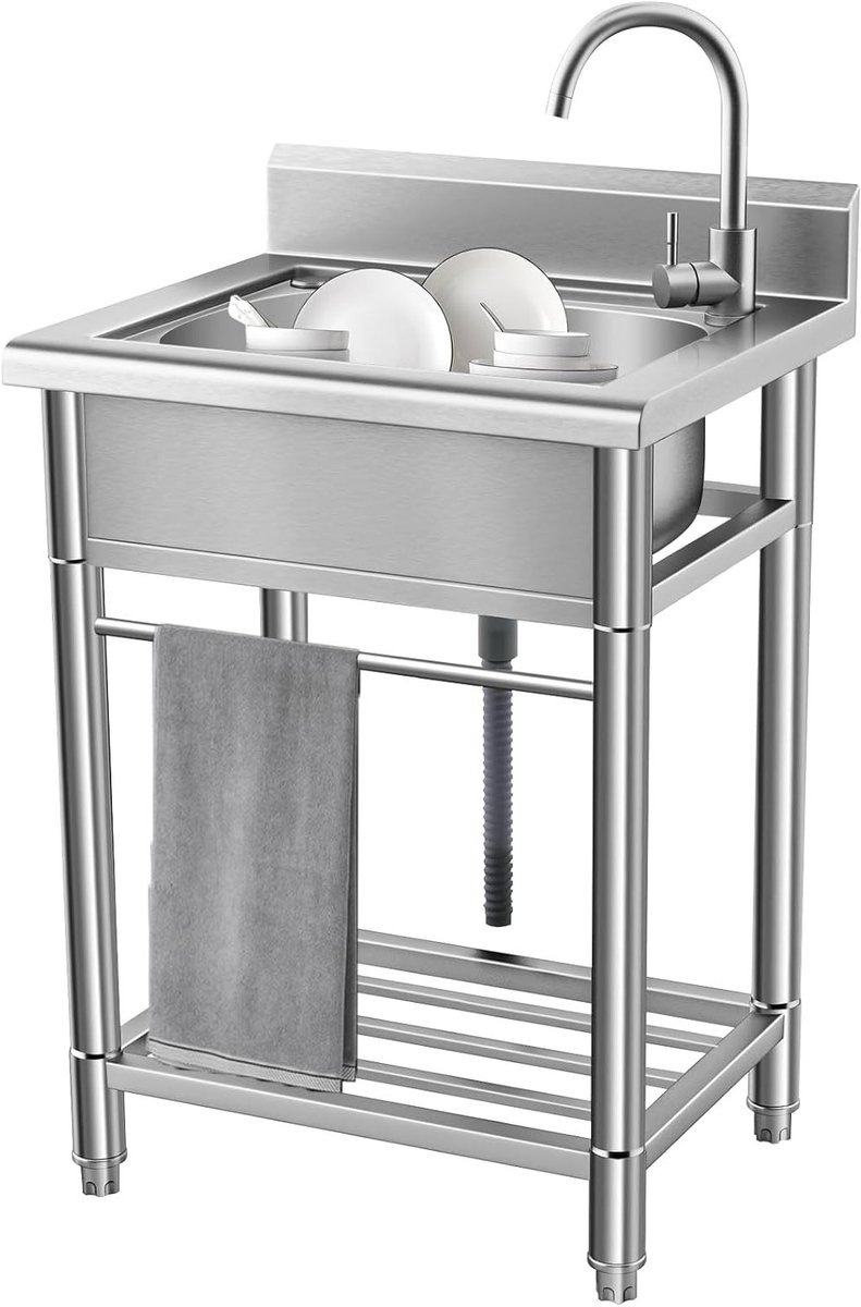 Keukenwasbak van RVS met 1 Kom - Professionele Afvoersink voor Restaurant, Garage en Tuin, 55 x 50 x 85 cm