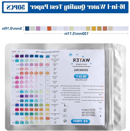 Complete Waterkwaliteits Teststrips - 16 in 1 voor Hardheid, Lood, Ijzer en Koper - 50 Stuks voor Eenvoudige Controle van Drinkwaterkwaliteit — afbeelding 5