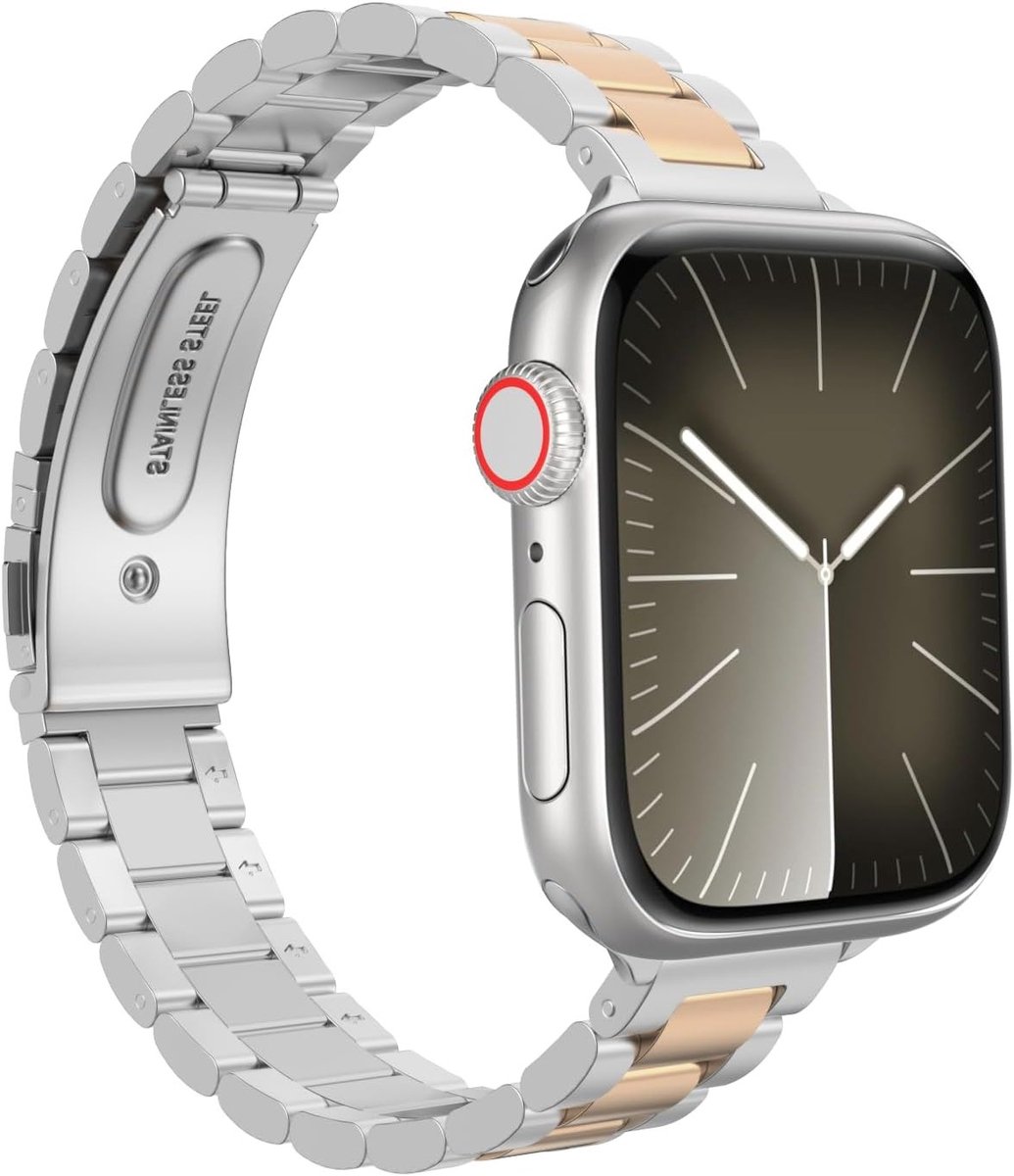Slimme Metalen Band voor Apple Watch 38mm 40mm 41mm - Roestvrijstalen Vervangband voor iWatch, Geschikt voor SE en Series 1-11, Stijlvolle en Dunne Polsband in Zilver/Roze Goud