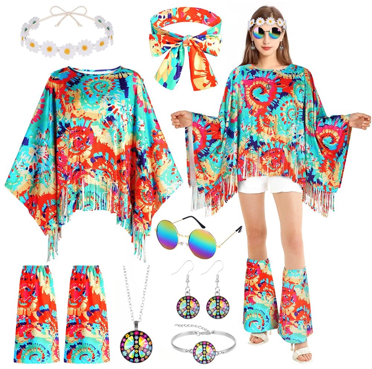 carmdering - Hippie Kostuum - 70s Kostuum - Hippie Kleding - 9-delige set met poncho, beenkousen, zonnebril, haarbanden en sieraden - Ademend, rekbaar, unisex - Perfect voor themafeesten, Halloween en carnaval - Twee prints - Groente