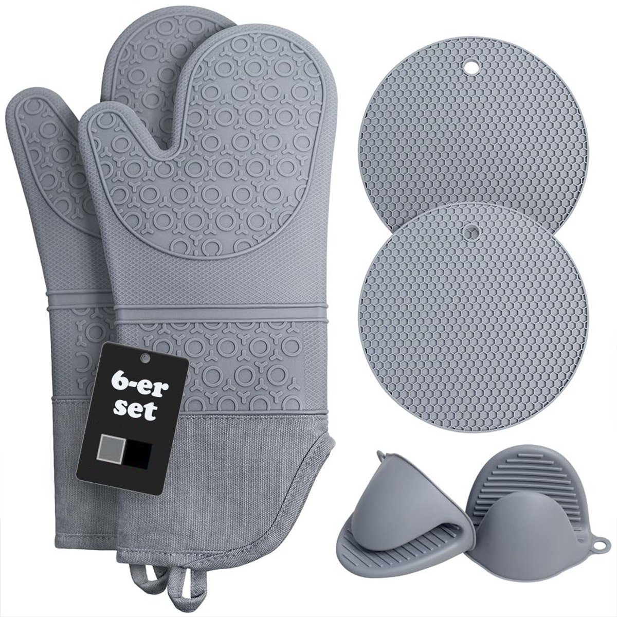 6-delige Set Ovenhandschoenen & Onderzetters – Hittebestendig tot 260°C – Extra Lange Handschoenen (38 cm) – BPA-vrij Silicone met Katoenen Voering – Antislip Honingraatstructuur – Machinewasbaar
