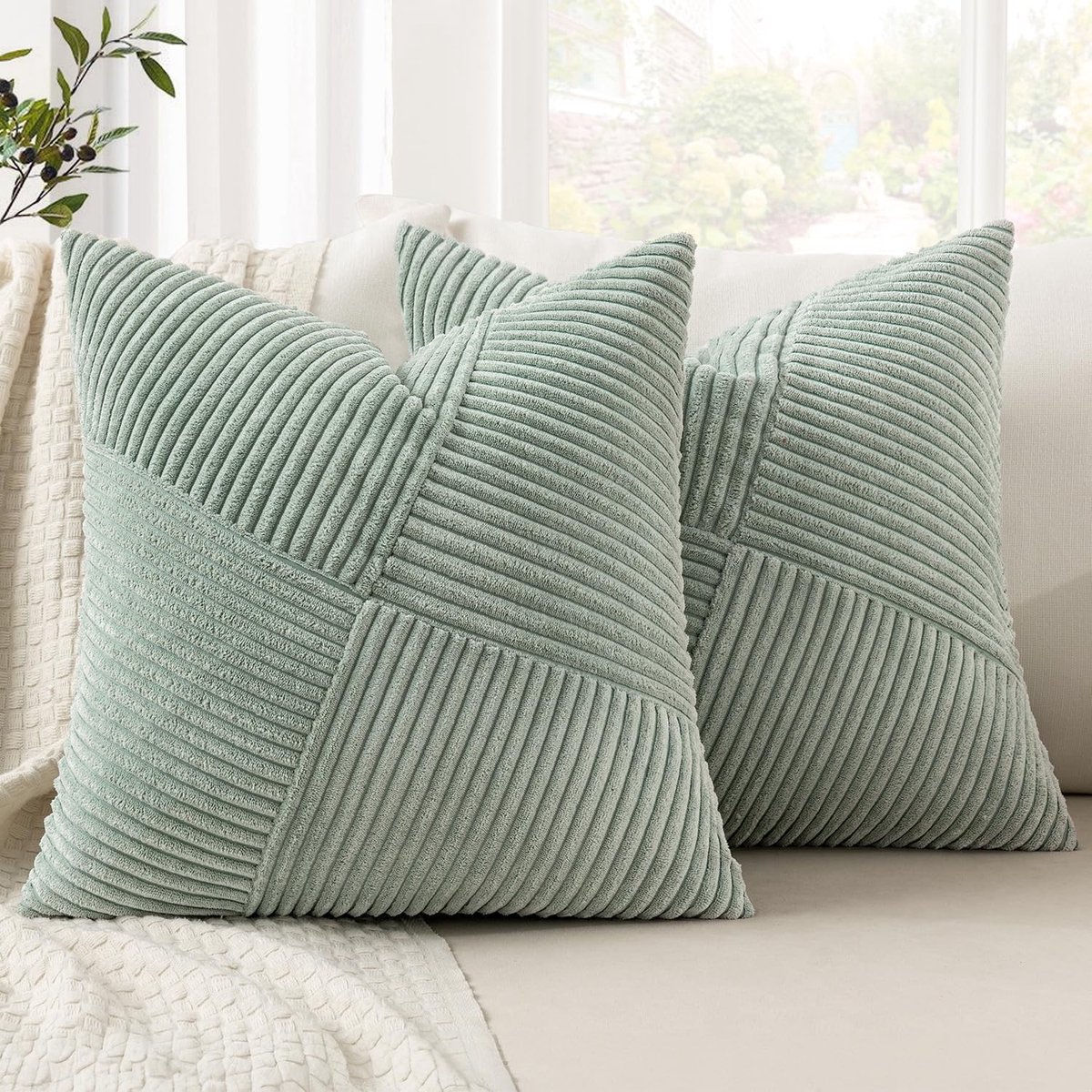 OmGoods - Dailygoody - Corduroy kussenslopen - Decoratieve kussenslopen - Met verborgen ritssluiting - Grijs/groen - 40 x 40 cm - Geschikt voor slaapkamer en wo...