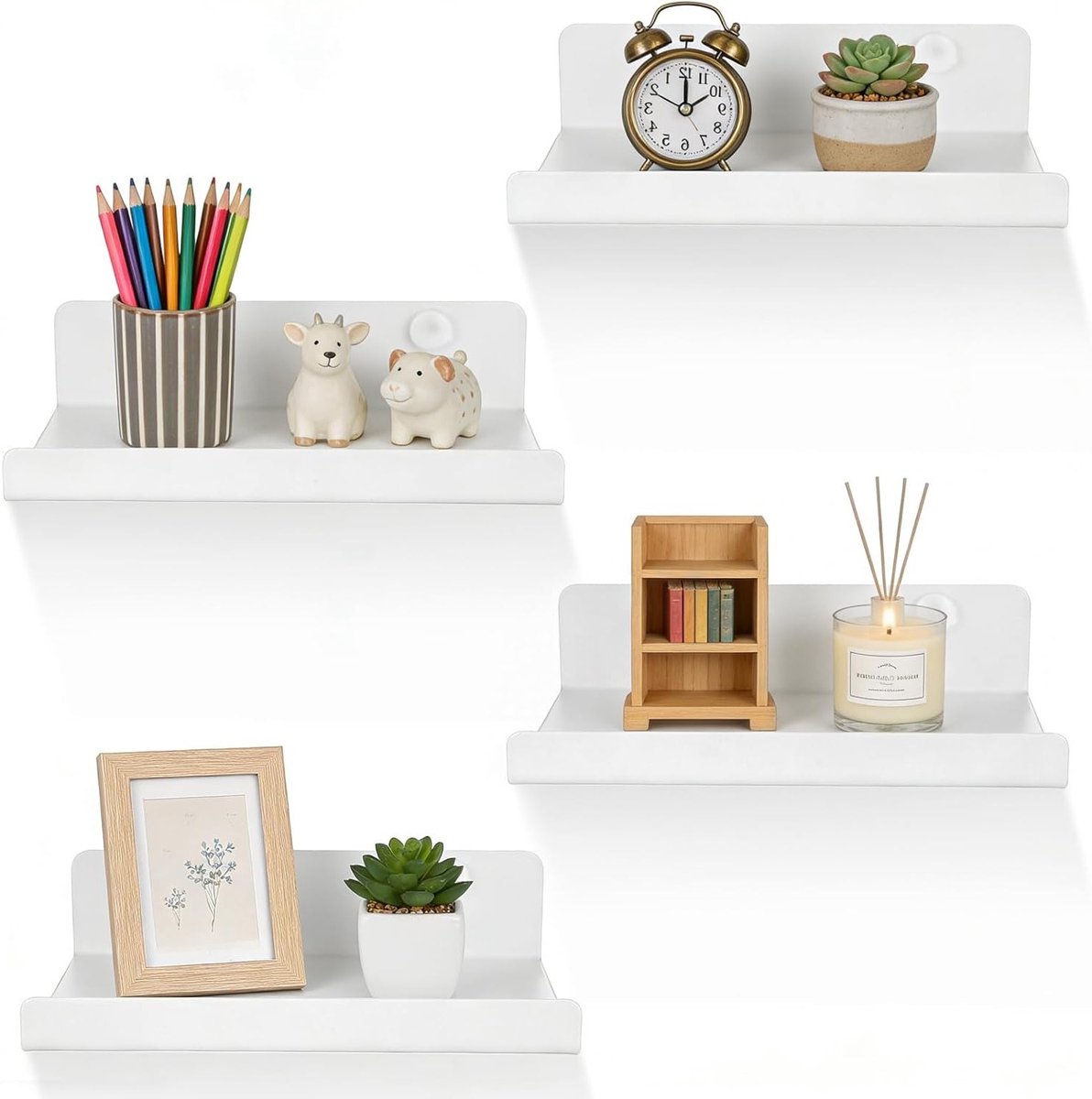 Set van 4 Wandplanken in Wit voor Foto's, Decoratie en Opbergruimte in Woonkamer, Badkamer en Keuken - 15 x 11,5 x 3,5 cm