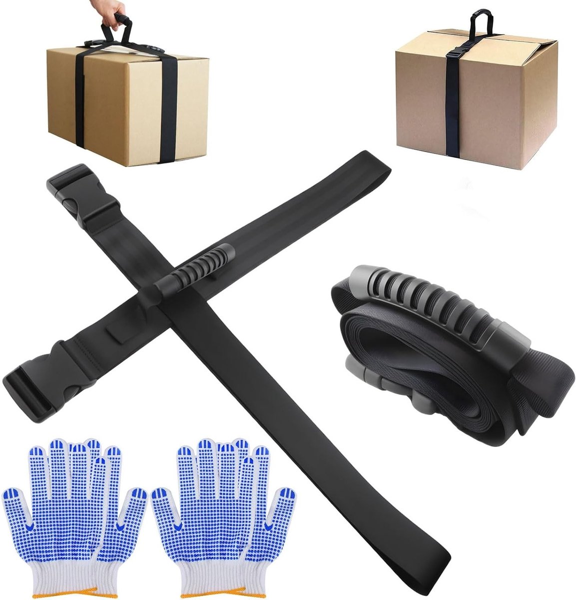Draagriem set met handvat, nylon draagriem, 1 eenvoudige en 1 kruisvormige riem voor het vervoeren van zware dozen en bagage, inclusief twee paar handschoenen voor extra grip.