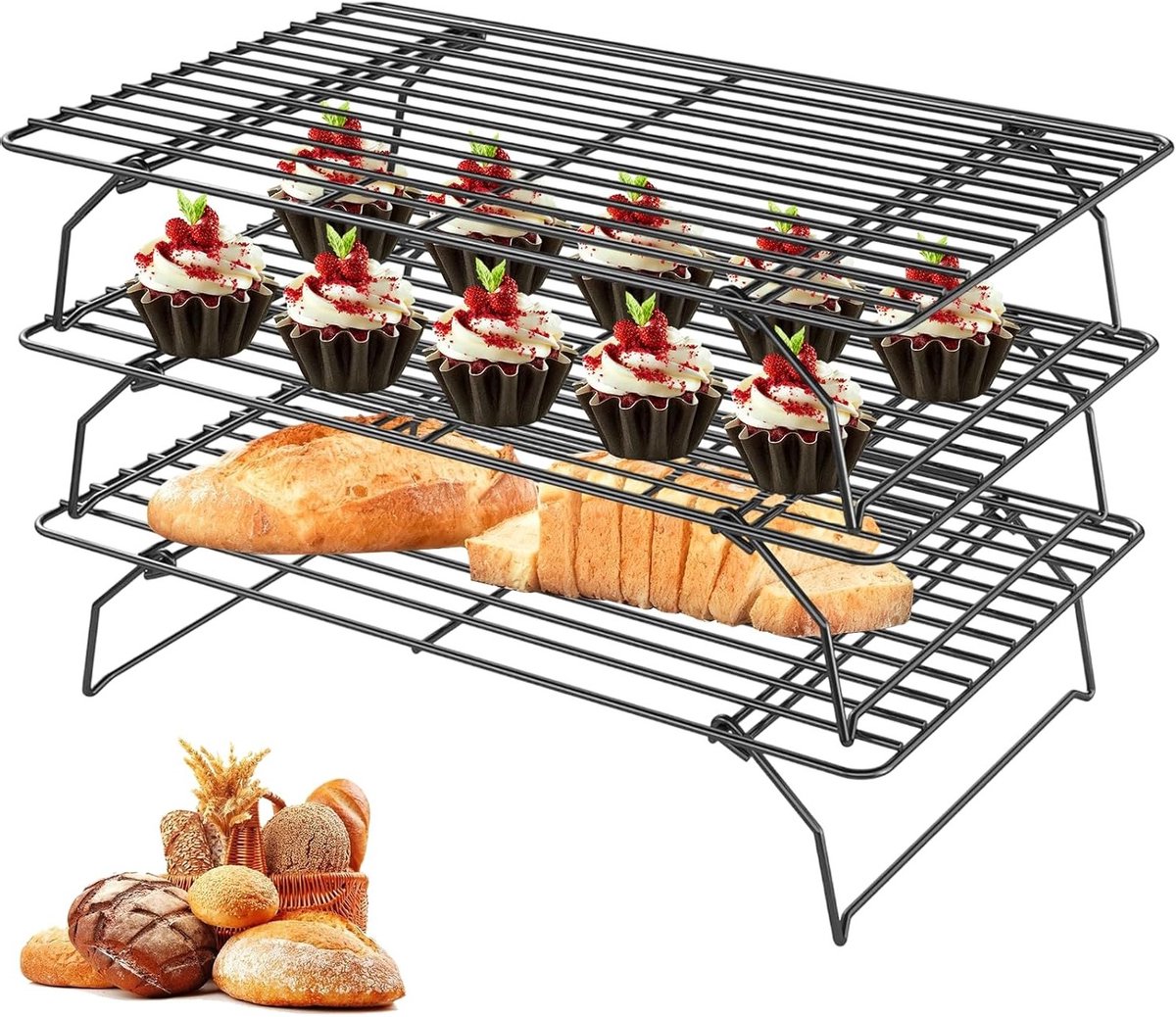3-laags koeling rek voor bakken 40 × 25 cm, opvouwbaar roestvrijstalen rek voor taarten, ideaal voor muffins, pizza en koekjes, keukenaccessoires en bakgereedschap
