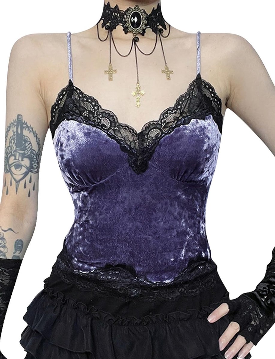 Gothic Lace Crop Top voor Dames - Y2K Spaghetti Halterneck V Neck Streetwear voor Club en Party Outfits