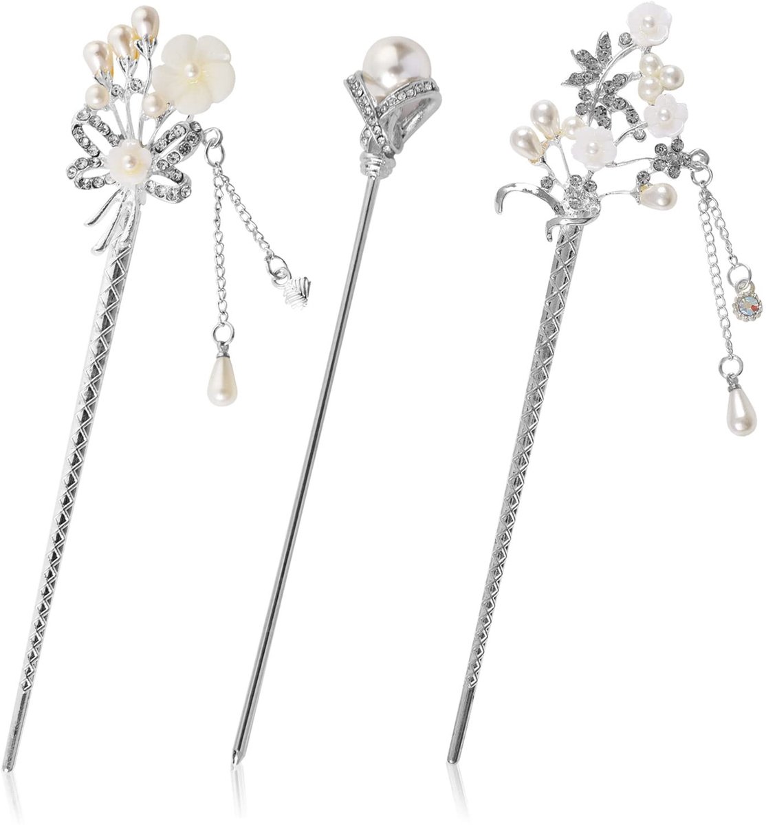 Allecto - Kralen haarstok - Strass haarspelden - Handgemaakte haaraccessoires - Zilver - Vintage kwastje - Geschikt voor meisjes - 3 stuks