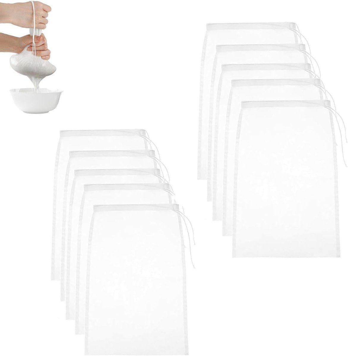 Witte Juicer Zak - 10 Stuks Nylon Filterzakken met Trekkoord voor het Filtreren van Sojamelk, Sap en Groenten, Herbruikbaar en Wasbaar