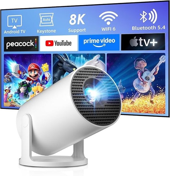Mini-beamer 8K ondersteuning 720p HD WiFi 6 Bluetooth 5.4 Android 14.0 180° rotatie draagbaar 700g