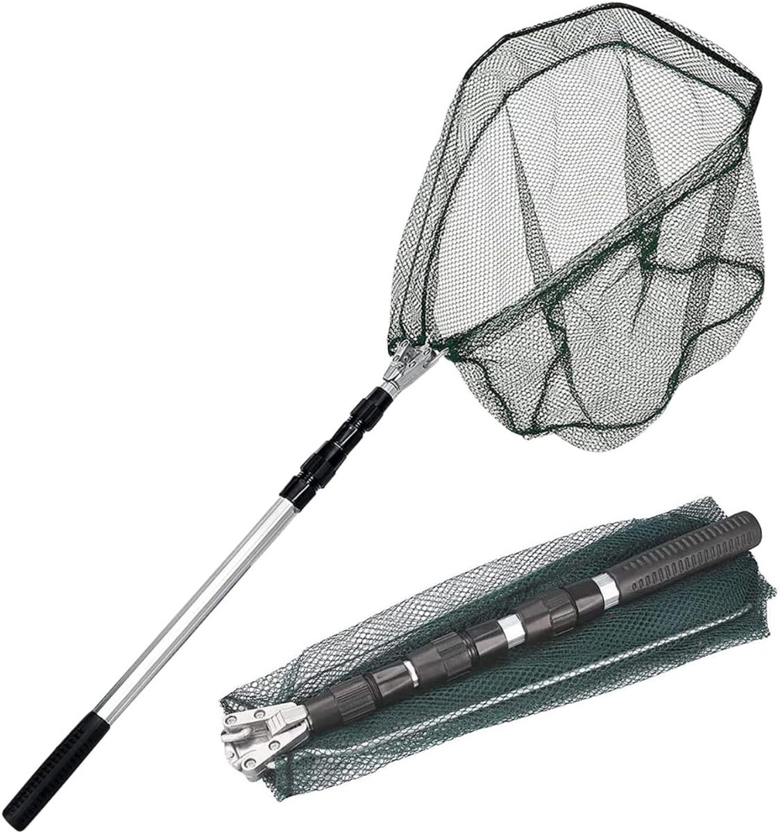 RUX® Schepnet Vissen - Visnet - Telescoop Schepnet - Duurzaam Net met Rubberen Coating - Zilver/Groen - 43cm x 43cm x 1cm