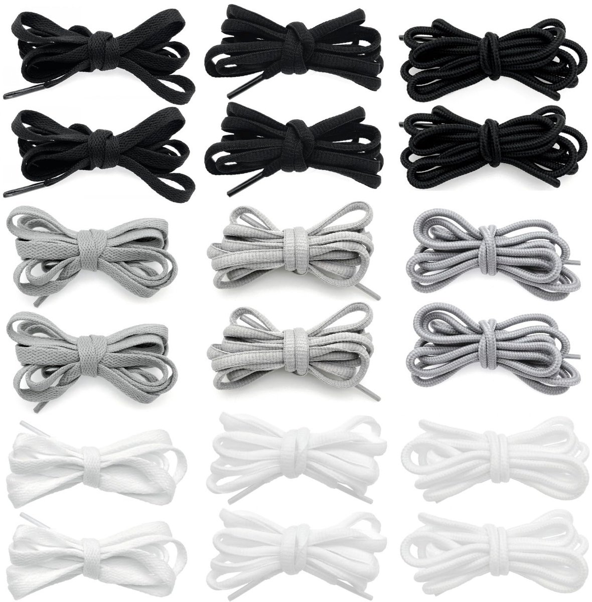 Allecto - Schoenveters - Ovale en platte veters - 150cm lange schoenveters - Wit, zwart, grijs - Geschikt voor sneakers en sportschoenen - 9 Paar