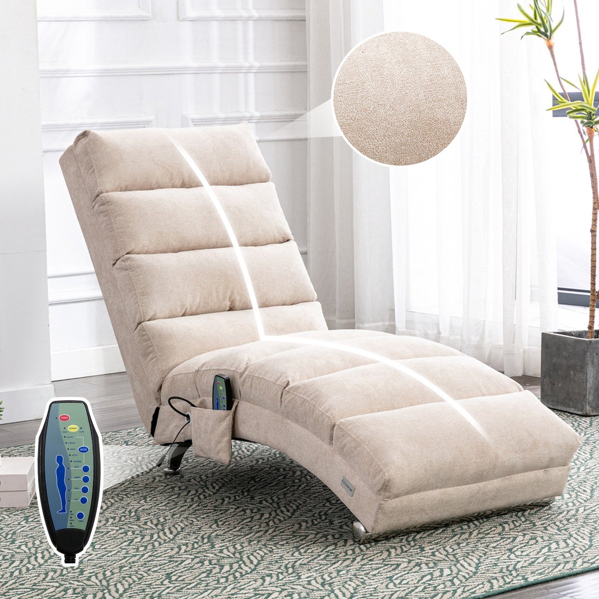 FloraGrace Chaise Longue 55 x 148 x 84 cm - Met Zachte Trilfunctie En Zijvak - Voor Woonkamer Of Slaapkamer - Linnen - Beige