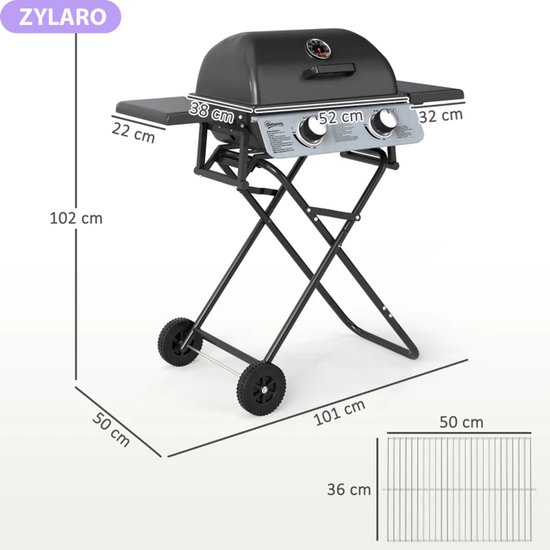 Gasbarbecue - Inklapbaar Gasbarbecue en Gasgrill - 2 Branders - Grillwagen - 5,6 kW - met Grillrooster, Wielen, Bijzettafels, Drukregelaar, Slangen, Thermometer - 101 x 50 x 102 cm - Zwart van Merkloos — afbeelding 2