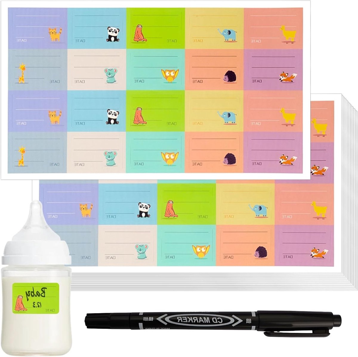 200 Stuks Wasbare Naamstickers voor Kinderen - Kleurige Labels voor School, Flessen, Boeken en Lunchboxen