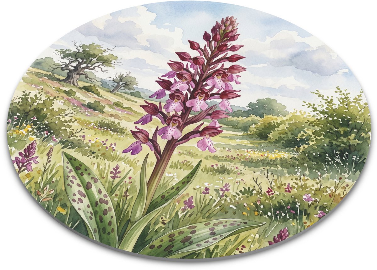 Ronde muismat - Purperorchis Orchis purpurea Zuid-Limburg - Aquarel bloemen landschap - Bureau accessoire en decoratie