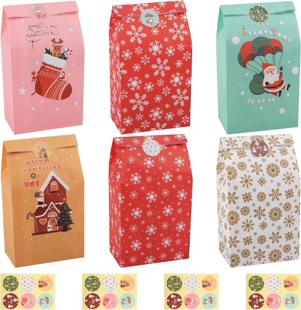 24 Stuks Papieren Kersttassen, Kraft Papieren Cadeautassen met Stickers voor Cookies en Geschenken