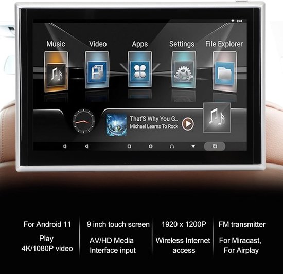 Hoofdsteun Videospeler, 9 Inch Auto Hoofdsteun Tv 4K 1080P HD Touchscreen voor Andr 11 Achterbank Entertainmentsysteem met AV-ingang Zilver Frame — afbeelding 3